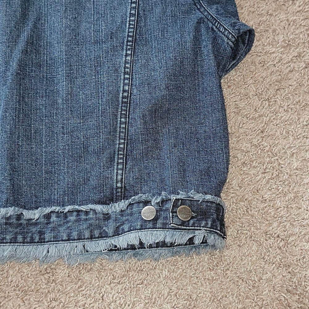 Harley-Davidson HD Denim Jacket Frayed Raw Edges Logo Moto Hippie Y2K Rare XL - Picture 12 of 13